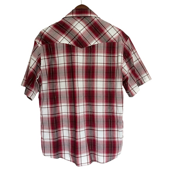 Rustler By Wrangler Shirt Mens Medium Large Red Plaid Pearl Snap Short Sleeve - Picture 2 of 9